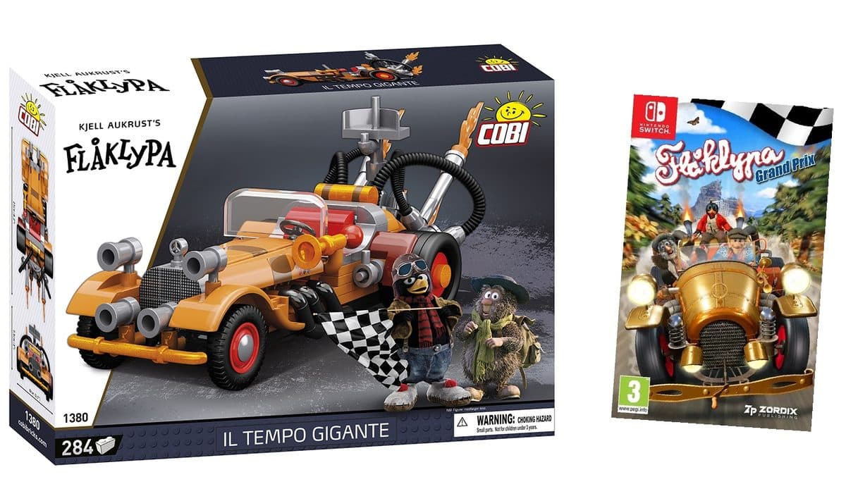 Eske med COBI-byggesettet Il Tempo Gigante (284 deler) ved siden av spillet Flåklypa Grand Prix til Nintendo Switch.